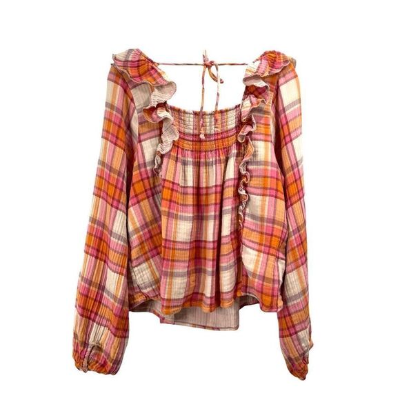 Free People Siena Plaid Pullover Blouse top‎ Size L boho - Picture 8 of 9